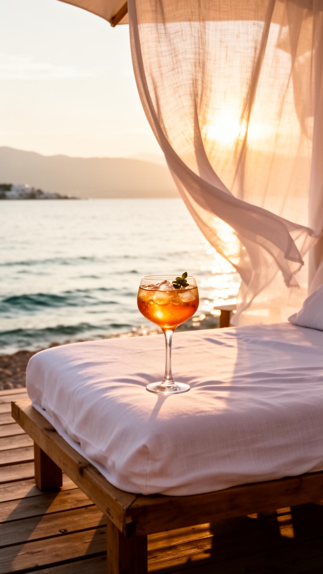 Daybed am Bodensee mit Spritz im Abendlicht